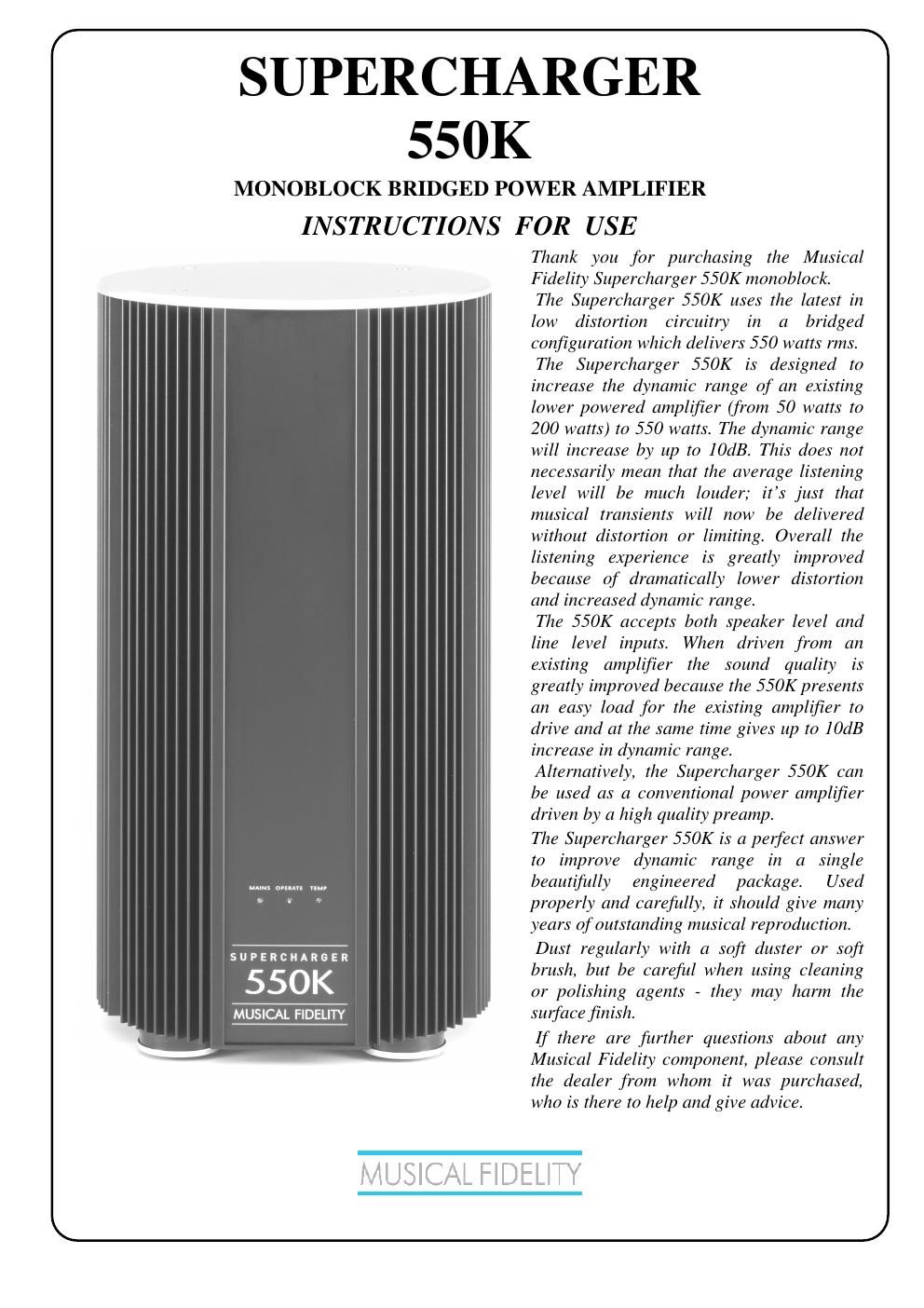 musical fidelity supercharger 550 k owners manual