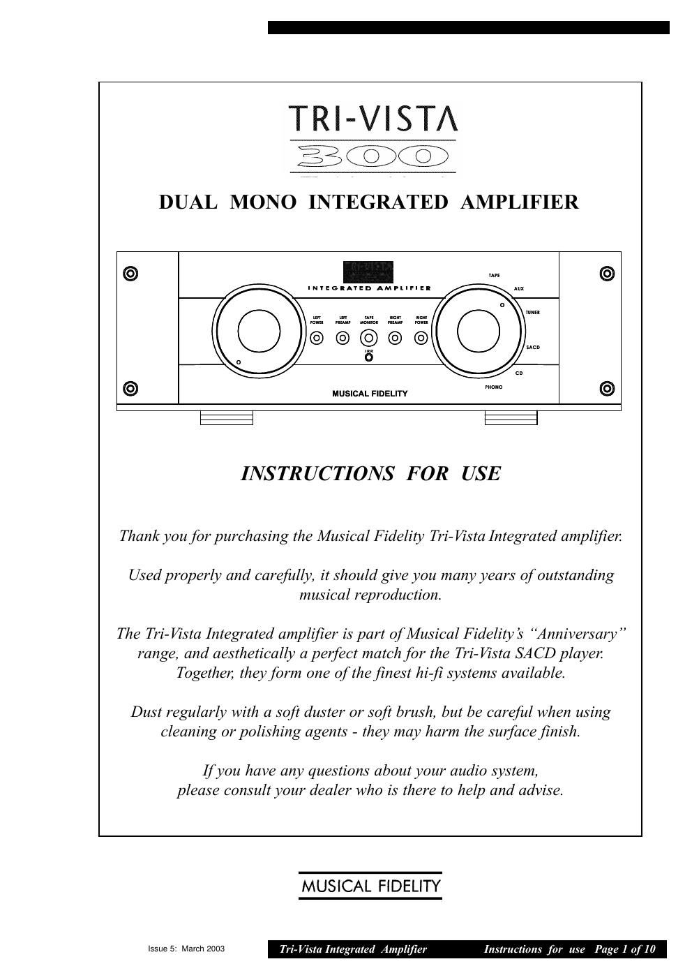 musical fidelity tri vista 300 owners manual