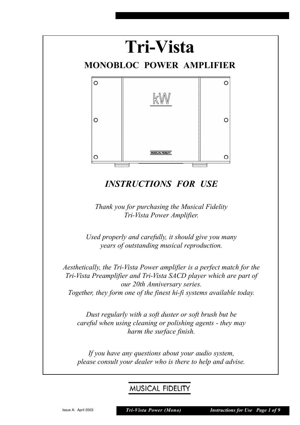 musical fidelity tri vista power mono owners manual