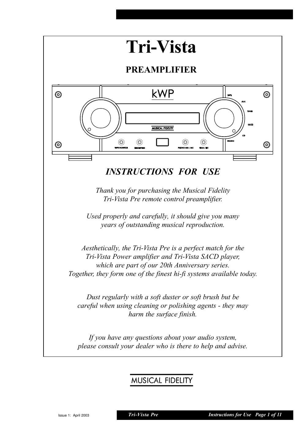 musical fidelity tri vista power owners manual