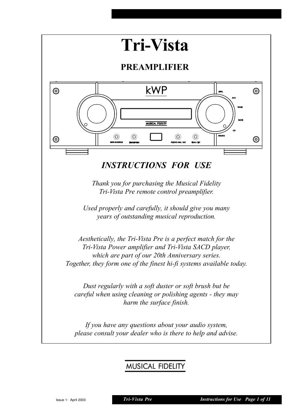 musical fidelity tri vista power owners manual