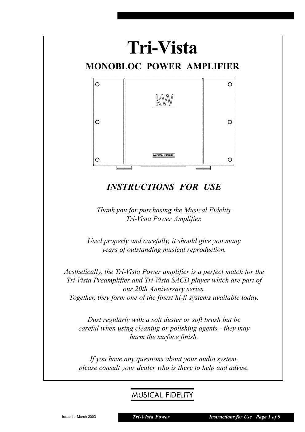 musical fidelity tri vista power stereo owners manual