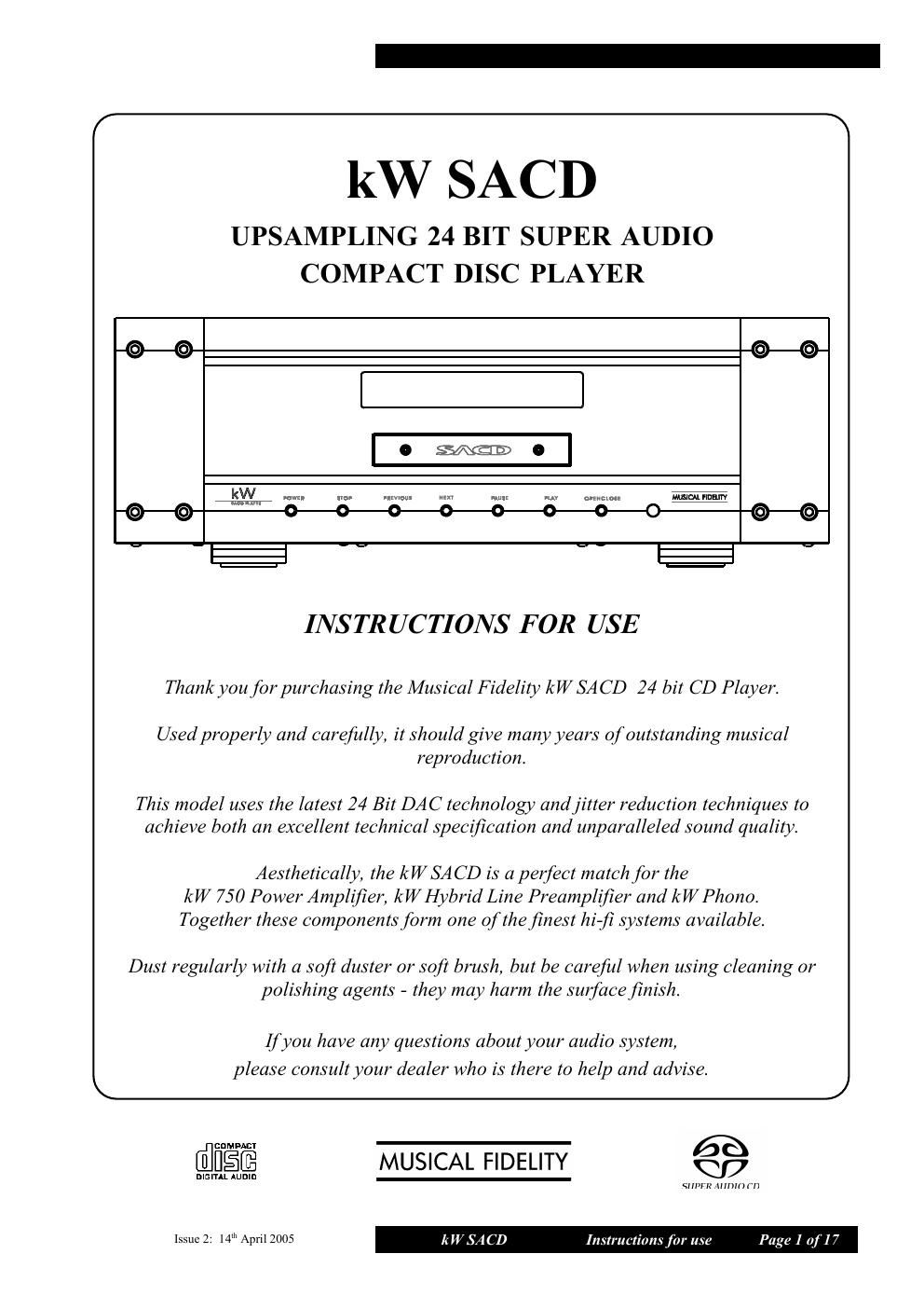 musical fidelity tri vista sacd player owners manual