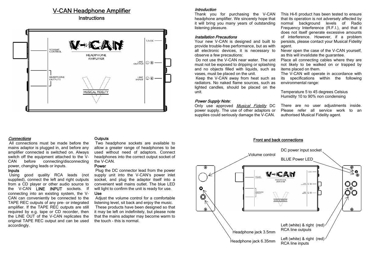 musical fidelity vcan owners manual