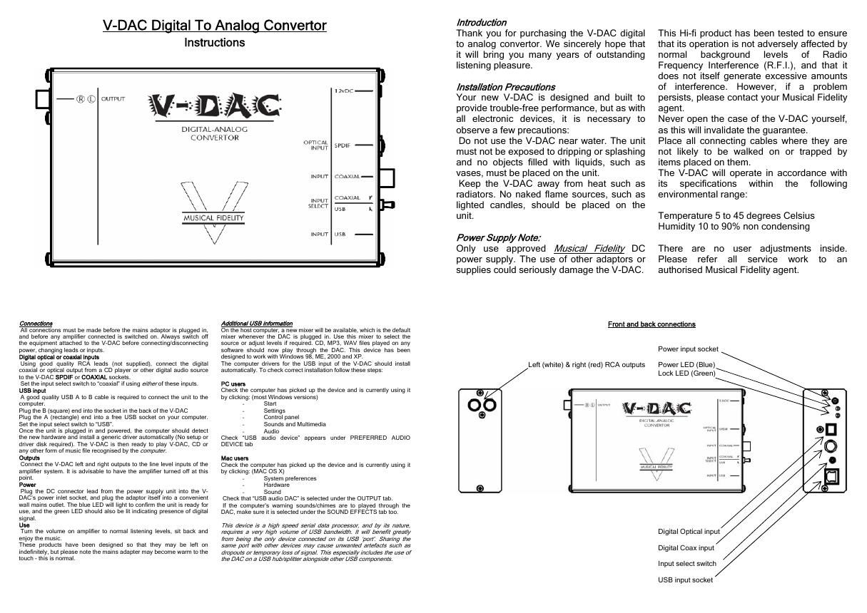 musical fidelity vdac owners manual