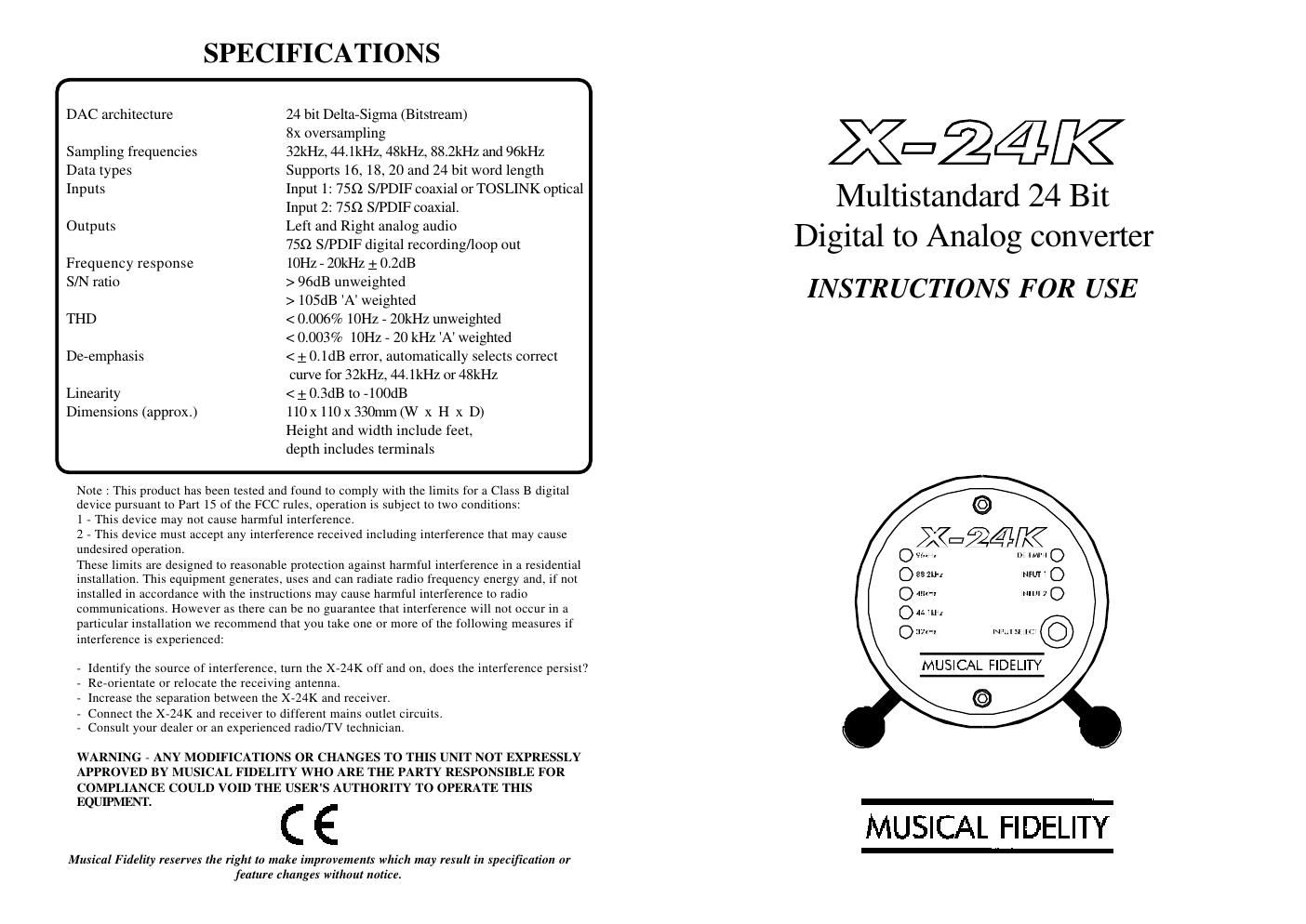 musical fidelity x 24 k owners manual