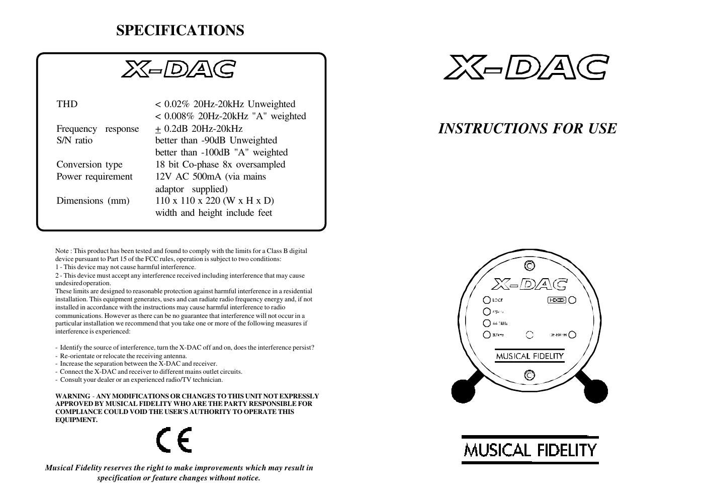 musical fidelity xdac owners manual