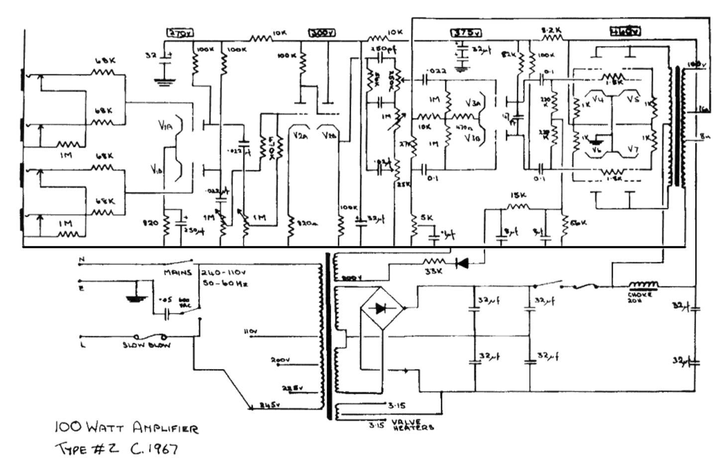 Marshall 100W Type 2 1967 Schematic