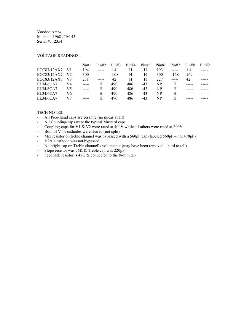 Marshall 1968 JTM 45 Service Data