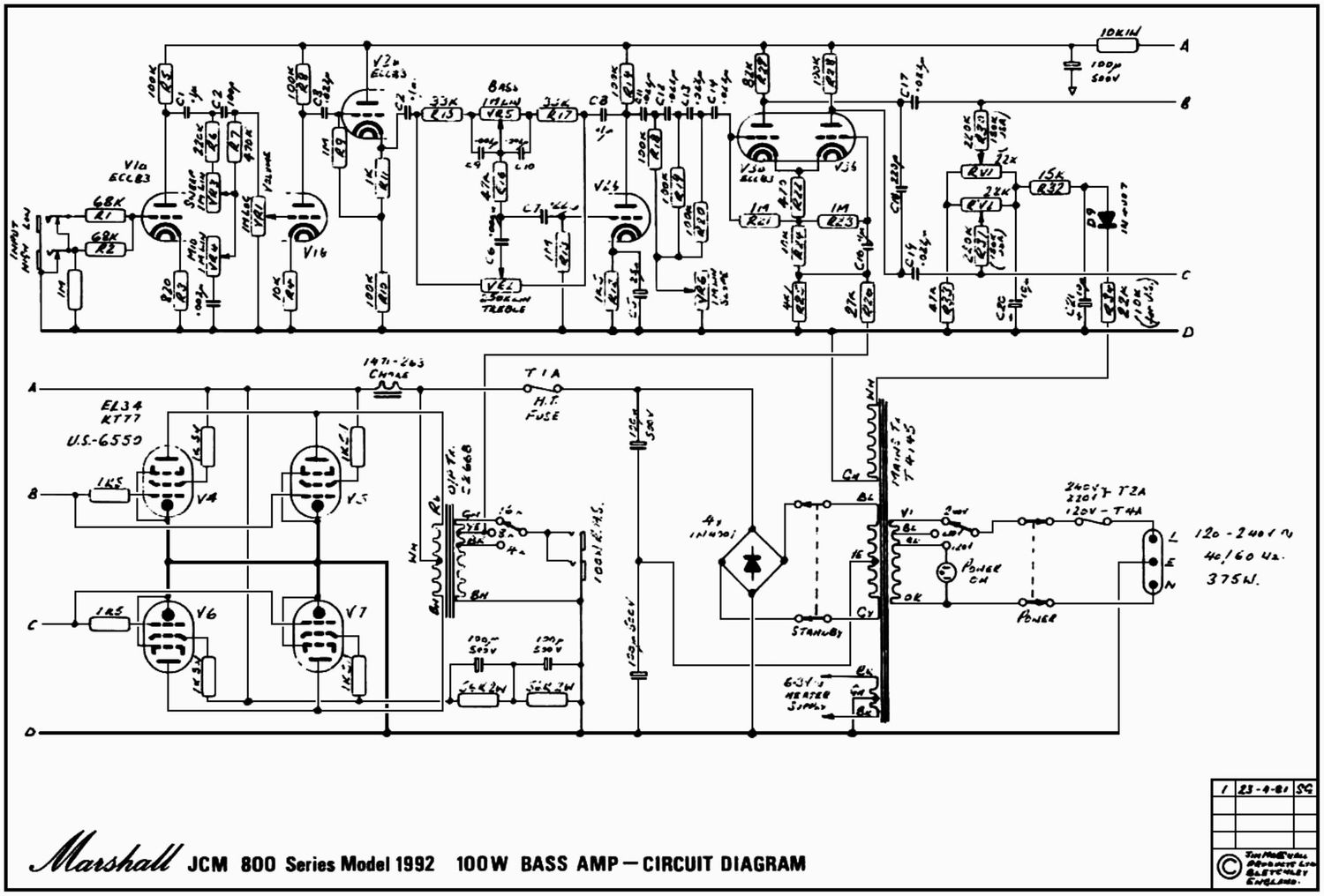 Marshall 1992 JCM 800 100W Bass Amp Schematic