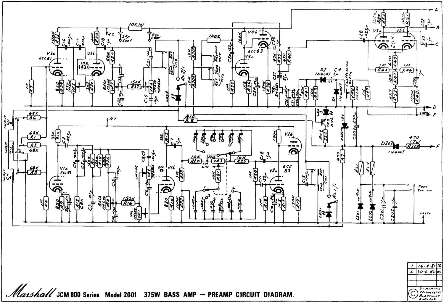 Marshall 2001 375W Bass Amp Pre 2 Schematic