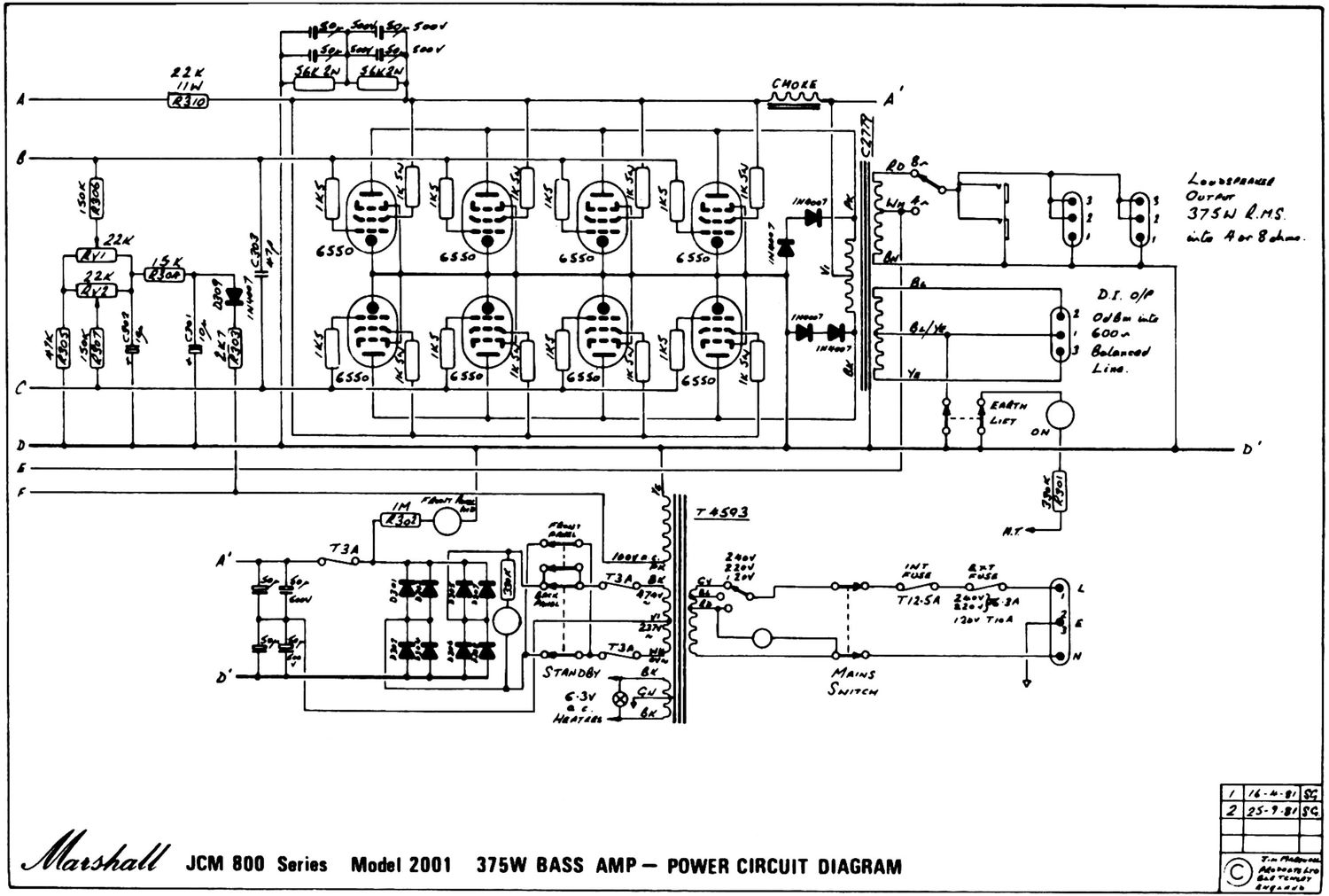 Marshall 2001 375W Bass Amp Pwr 2 Schematic