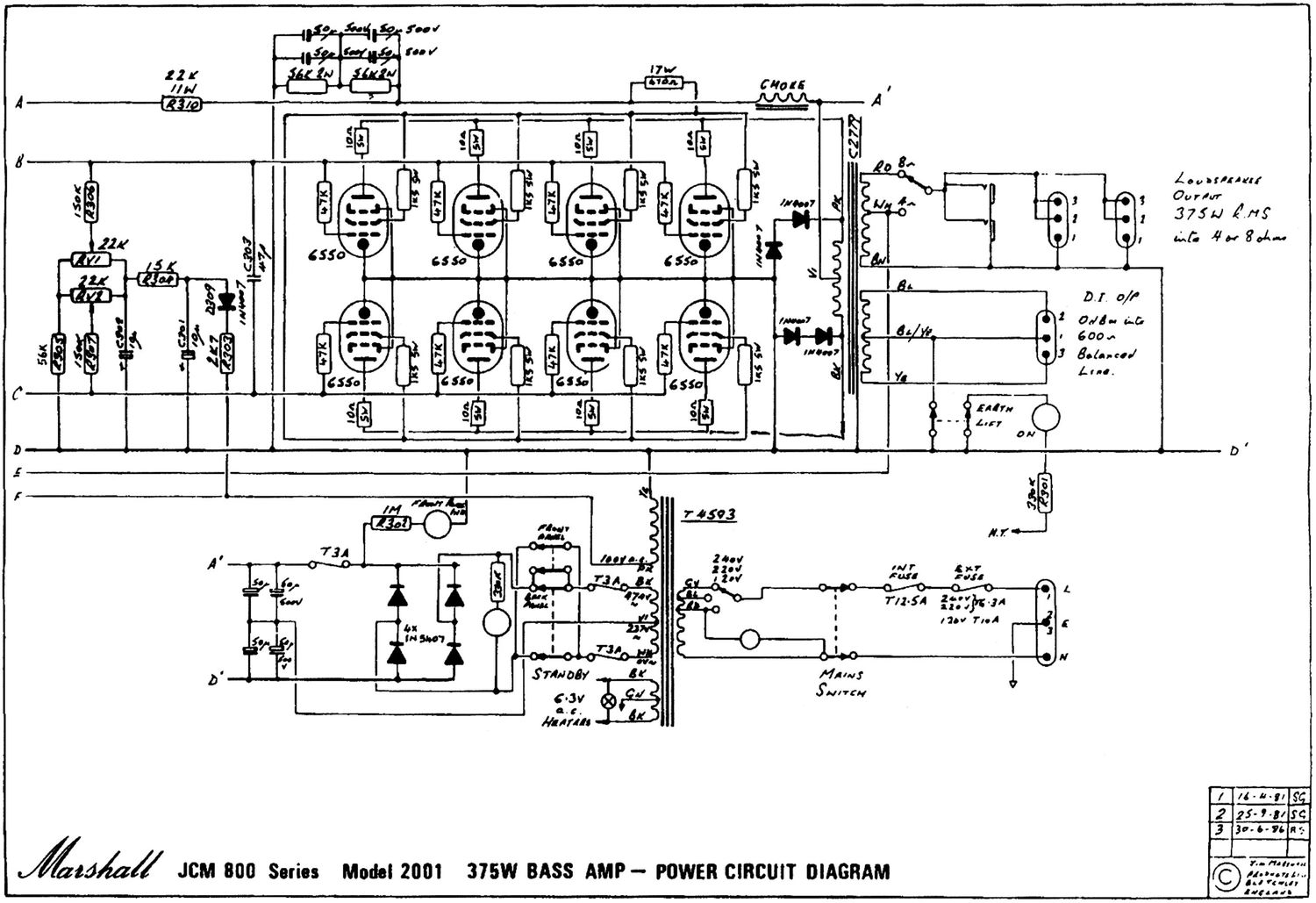 Marshall 2001 375W Bass Amp Pwr 3 Schematic