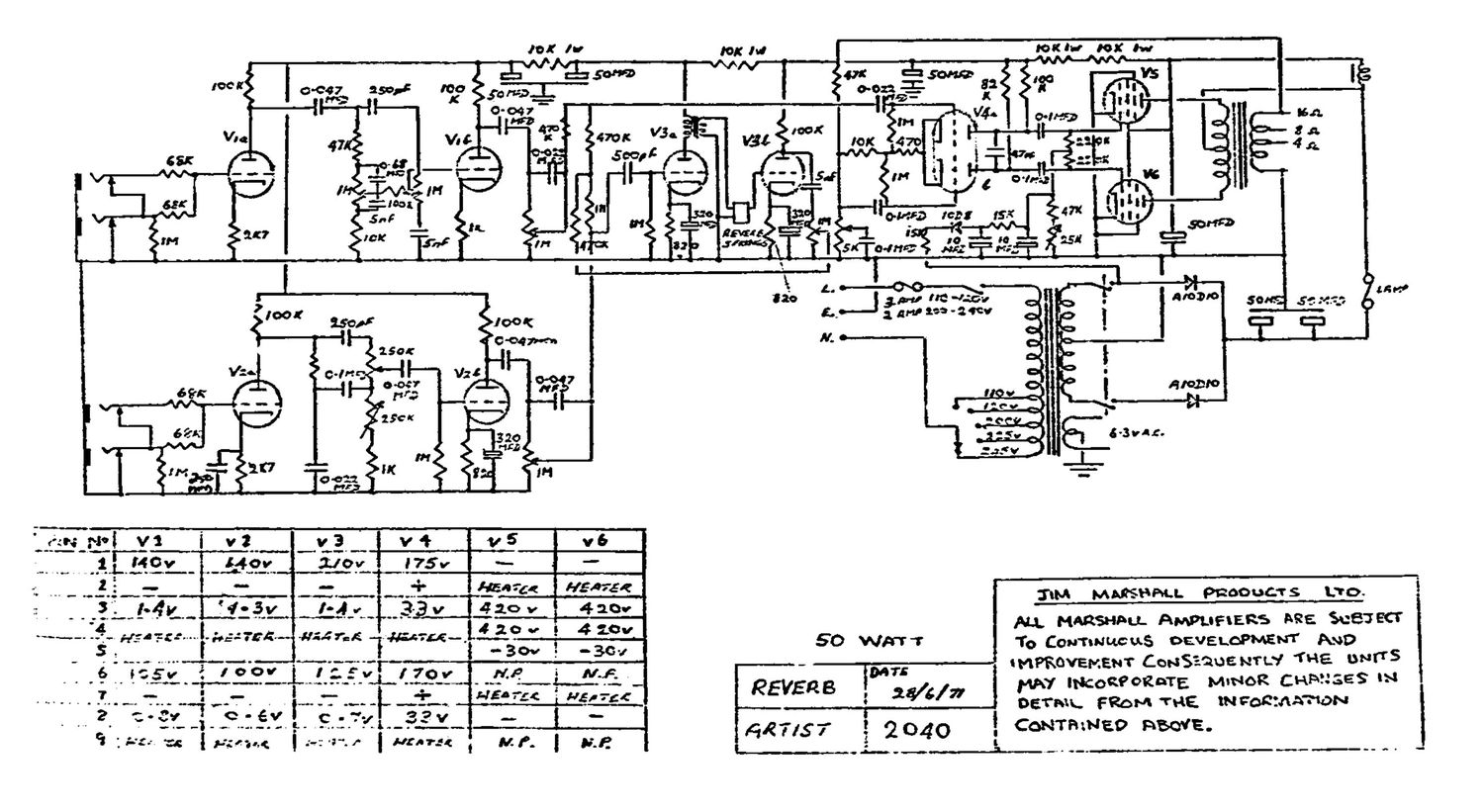 Marshall 2040 50W Artist Schematic