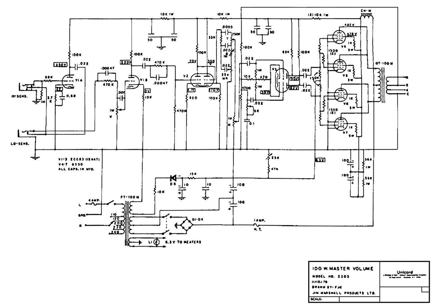 Marshall 2203 100W Master volume Schematic