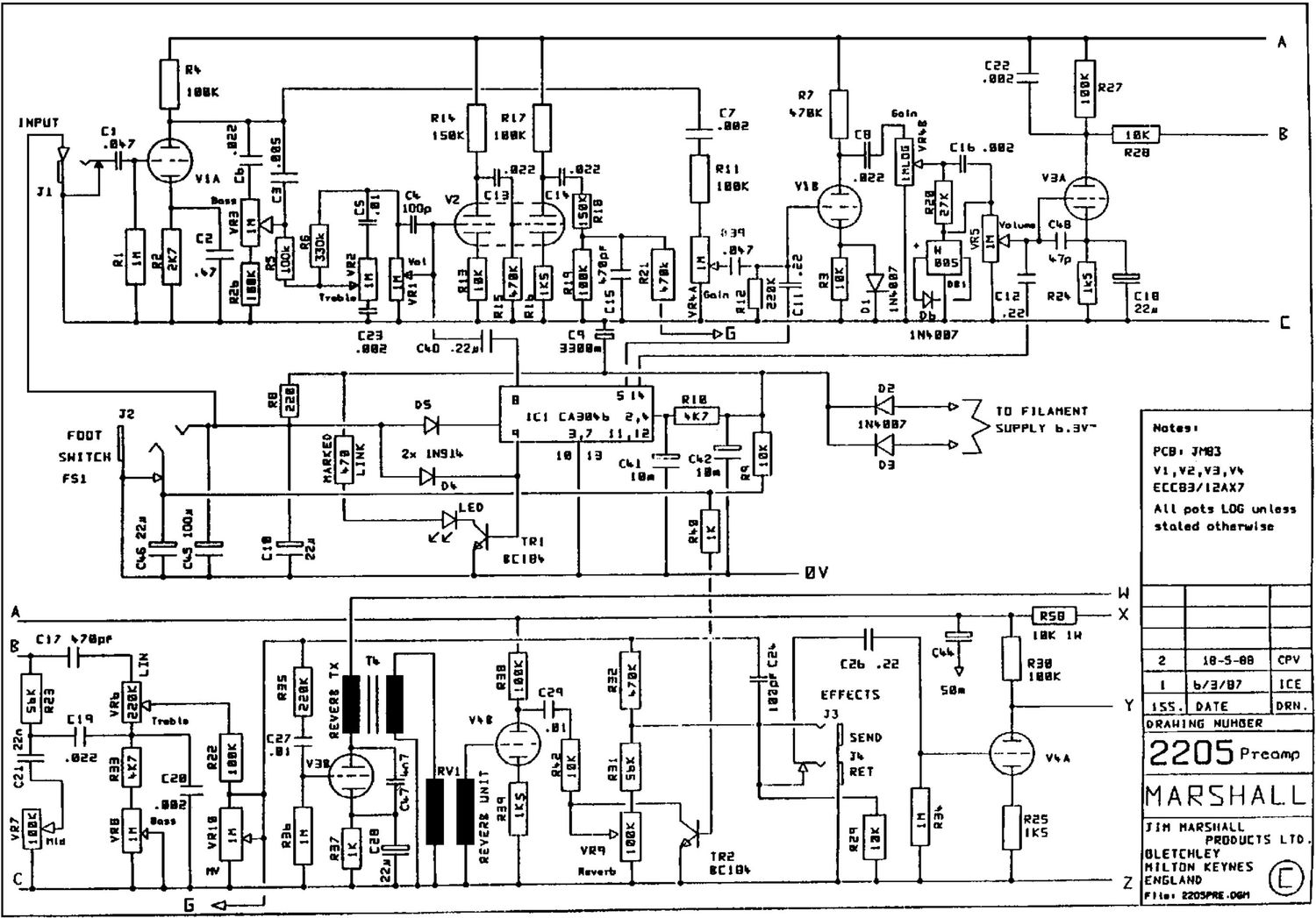 Marshall 2205 JCM800 Split Channel Reverb 50W head Schematic