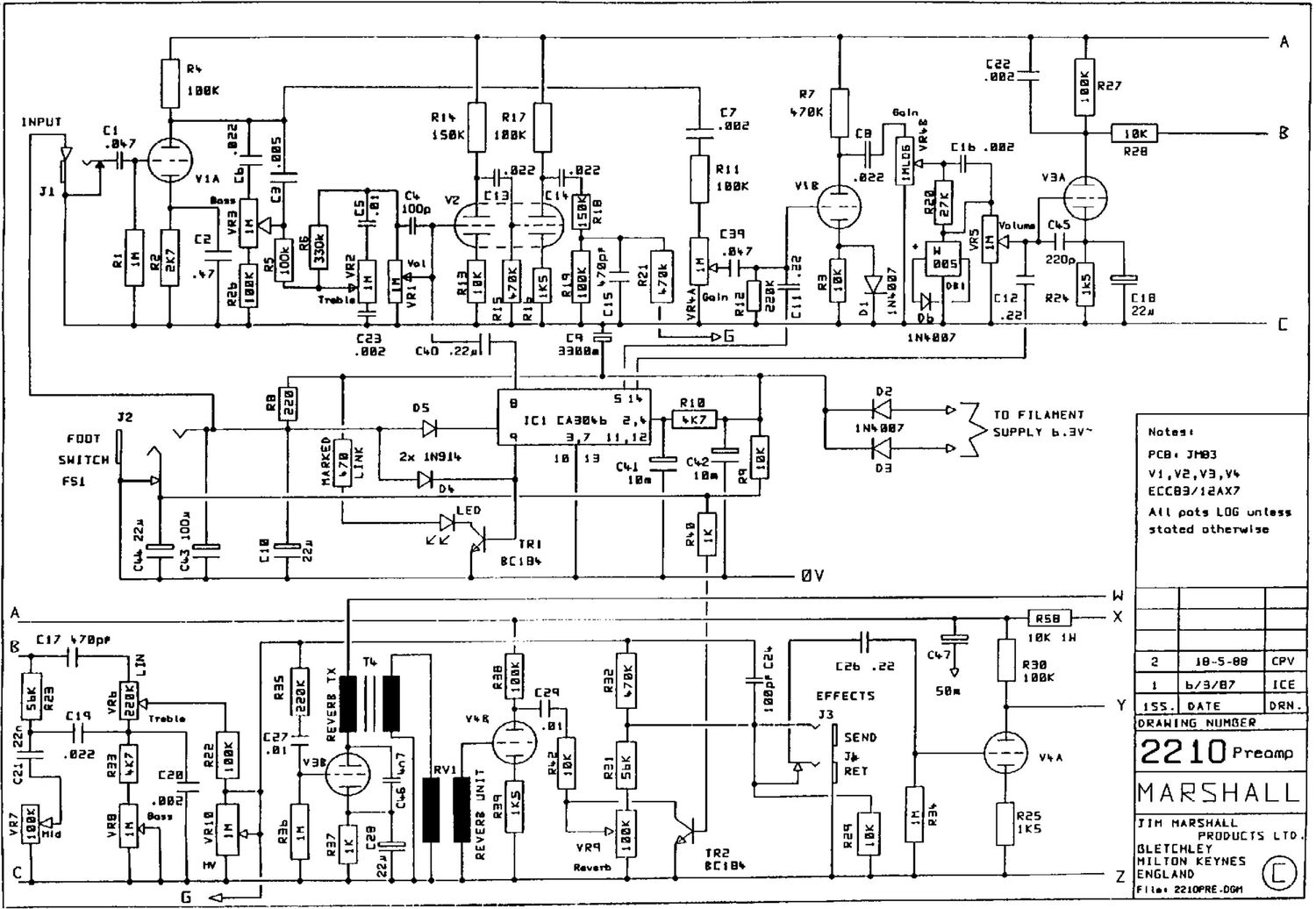 Marshall 2210 JCM800 Split Channel Reverb 100W Schematic