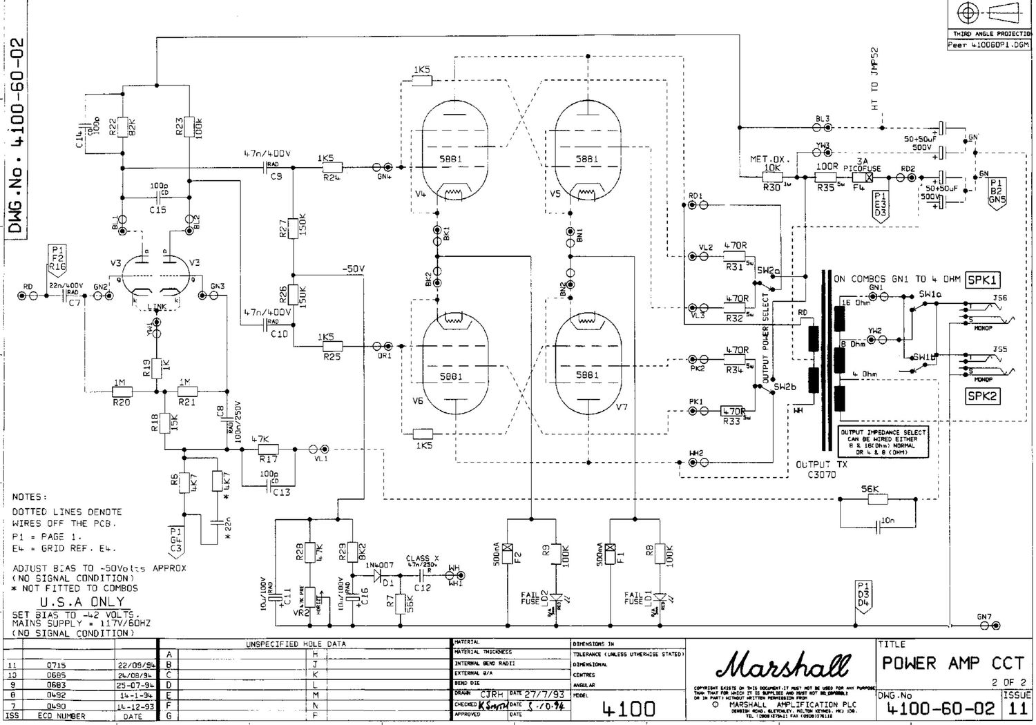 Marshall 4100 Power Amp 4100 60 02 Issue 11 2 Schematic