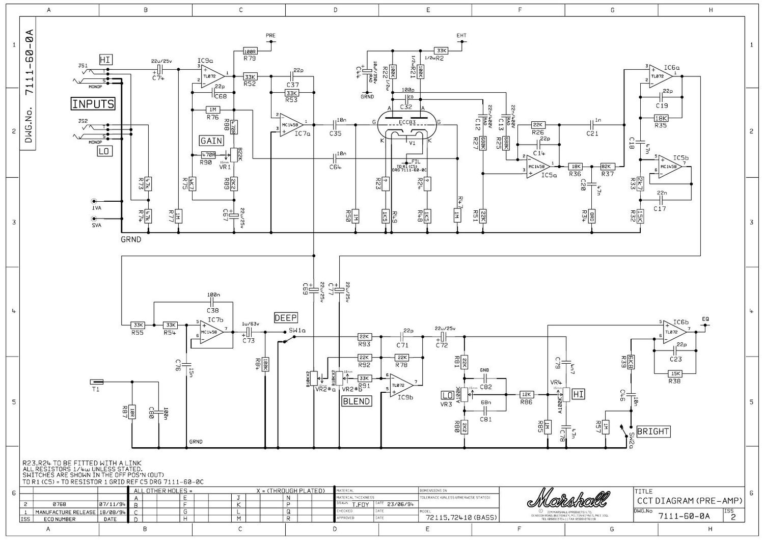 Marshall DBS 7200 72115 72410 200W Head 7111 60 0a Schematic