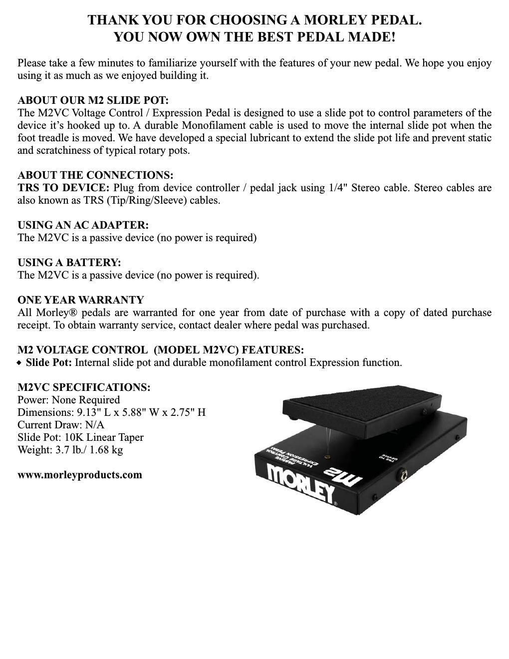 morley m2vc passive volumetage control expression pedal instruction insert full page