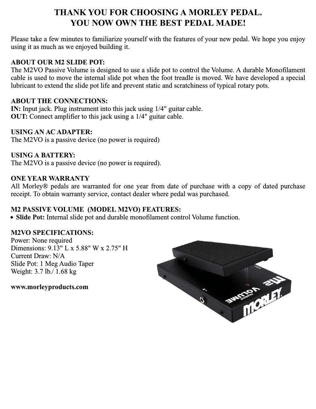 morley m2vo passive volume m2 instruction insert full page