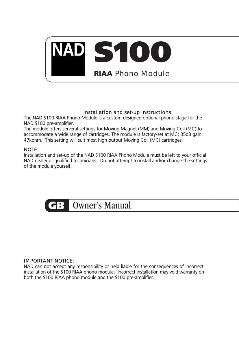 Nad S 100 Owners Manual
