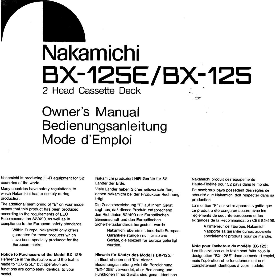 Nakamichi BX 125 Owners Manual