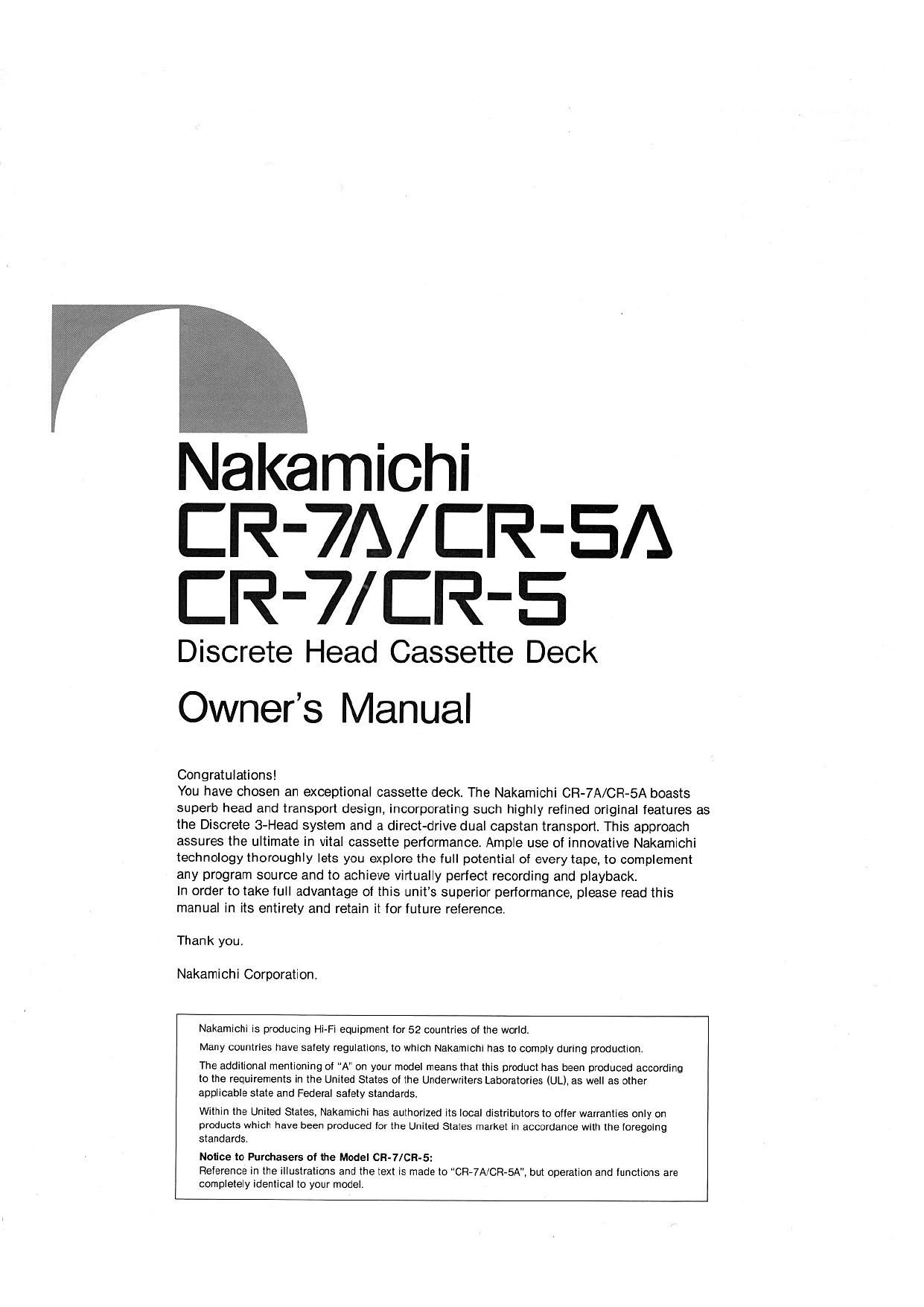 Nakamichi CR 5 Owners Manual
