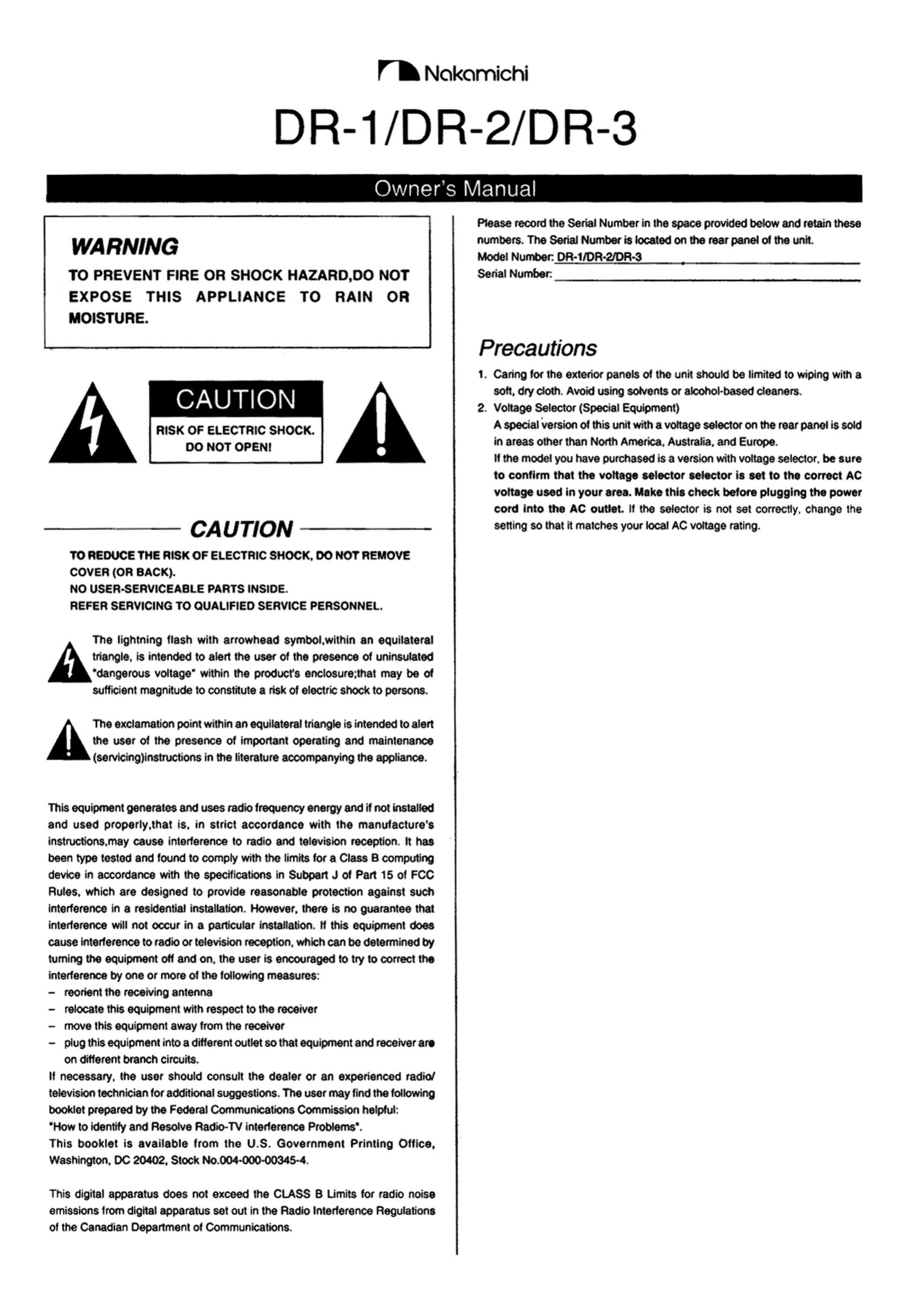 Nakamichi DR 2 Owners Manual