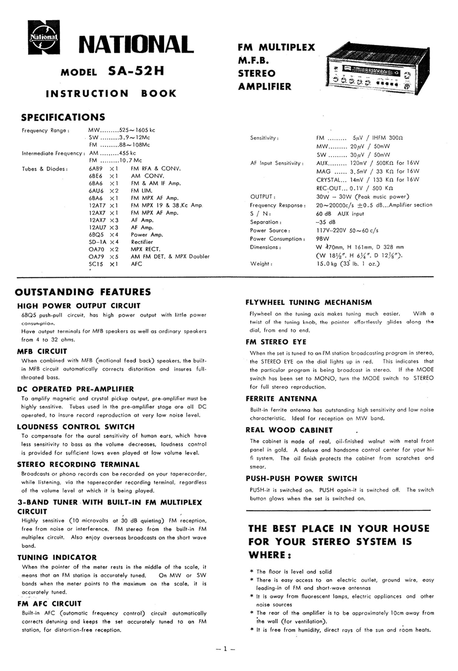 national sa 52h owners manual