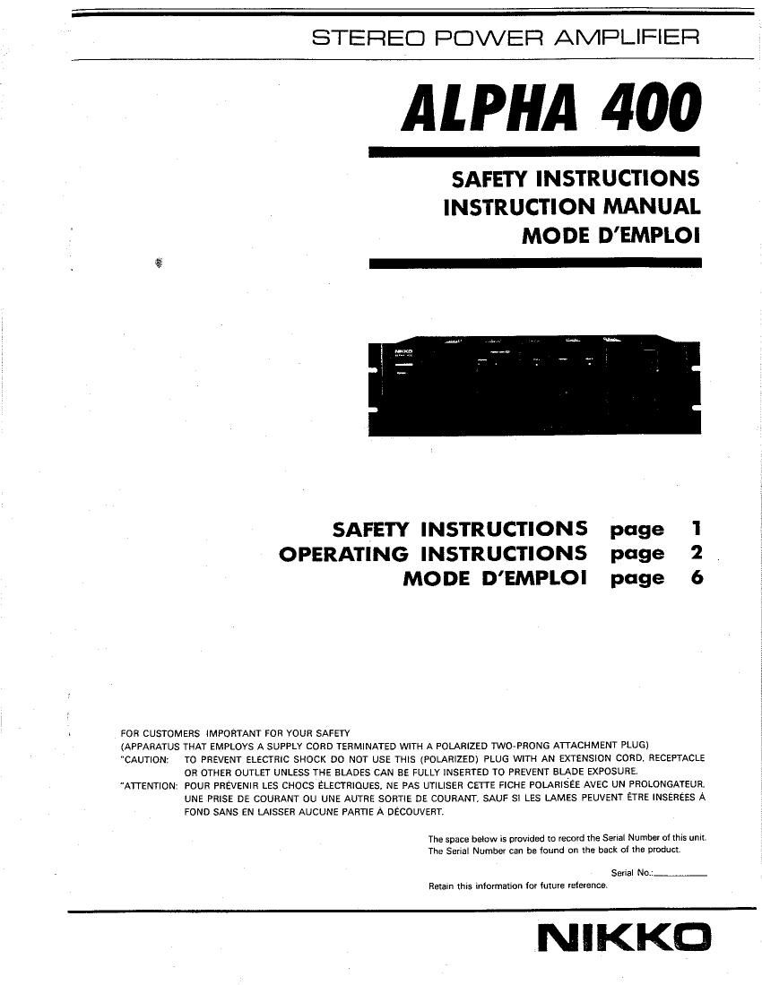 Nikko Alpha 400 Owners Manual