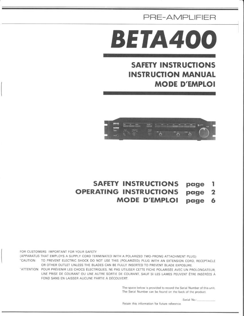 Nikko Beta 400 Owners Manual
