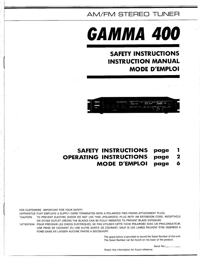Nikko Gamma 400 Owners Manual