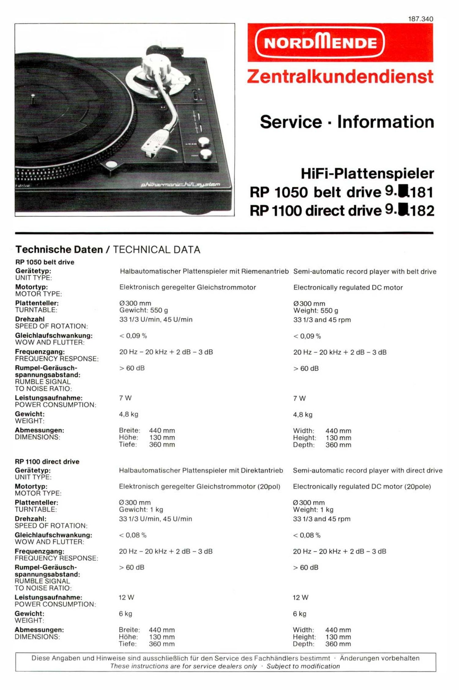 Nordmende RP 1050 RP 1100 Service Information