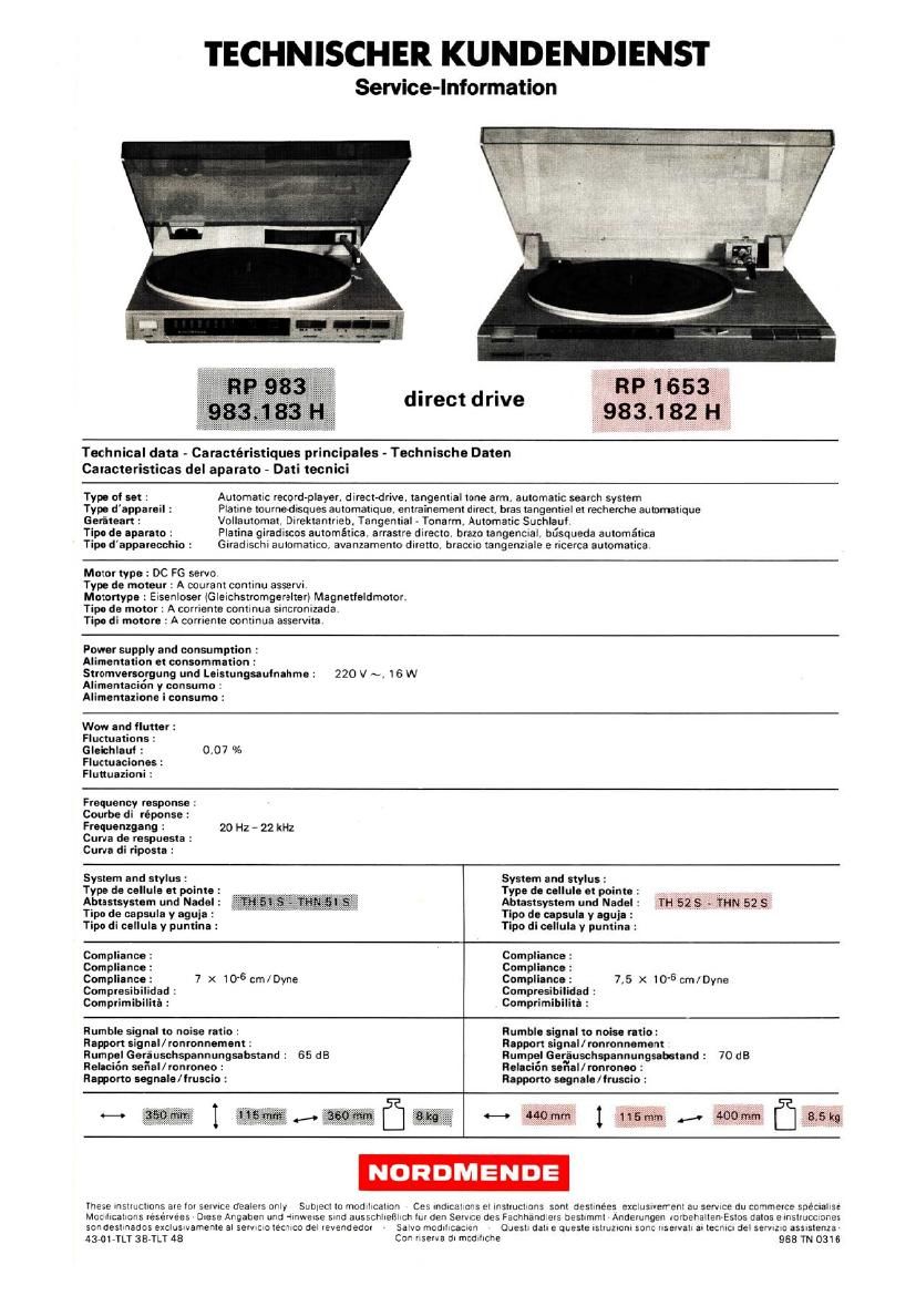 Nordmende RP 983 RP 1653 Service Information