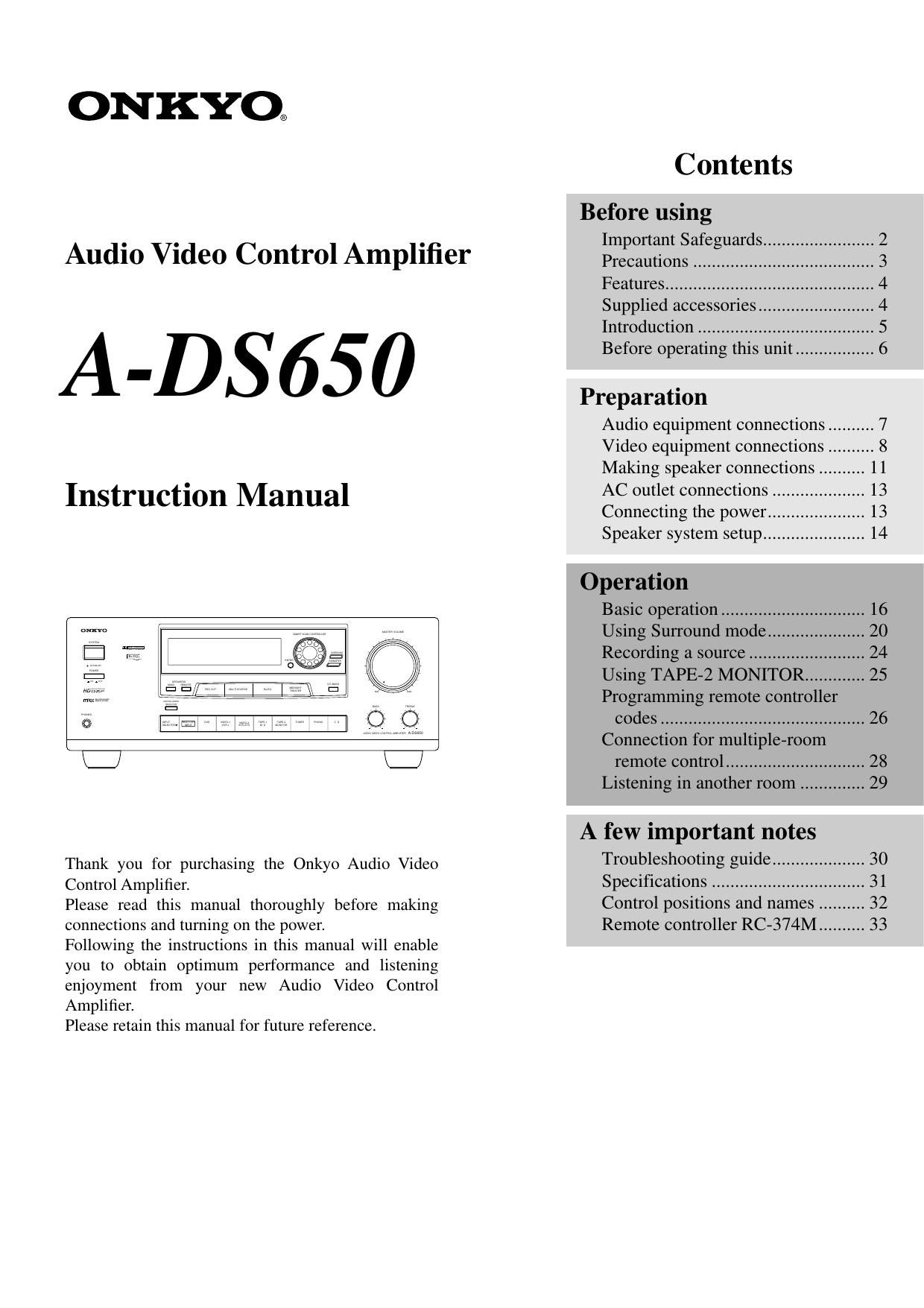 Onkyo ADS 650 Owners Manual