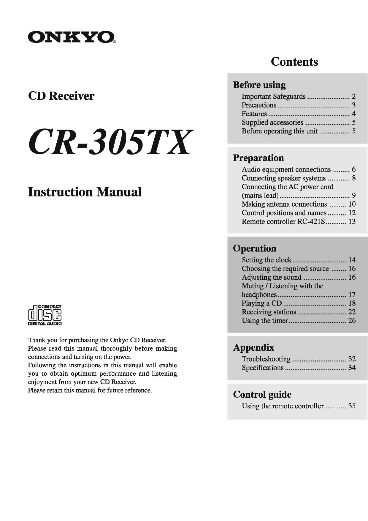Onkyo CR 305 TX Owners Manual