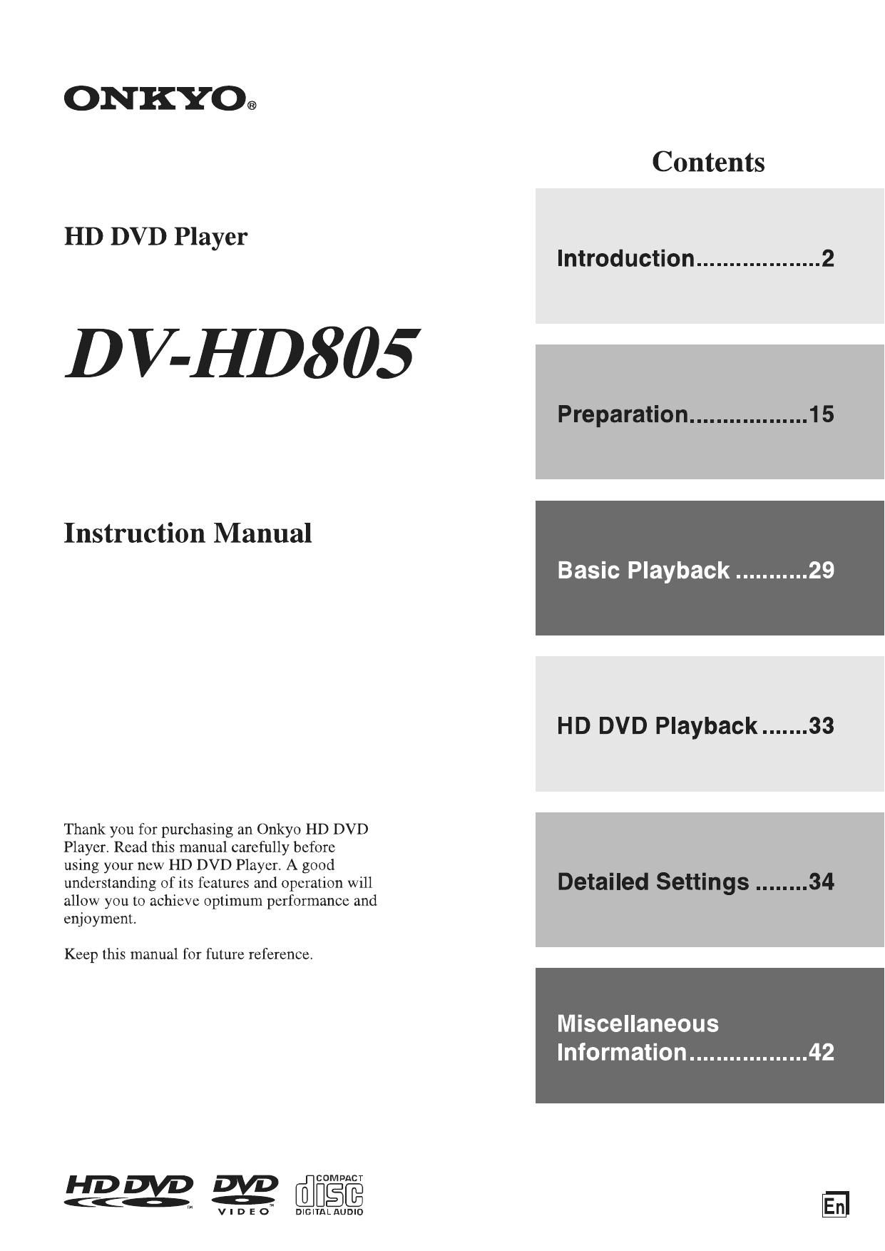 Onkyo DVHD 805 Owners Manual