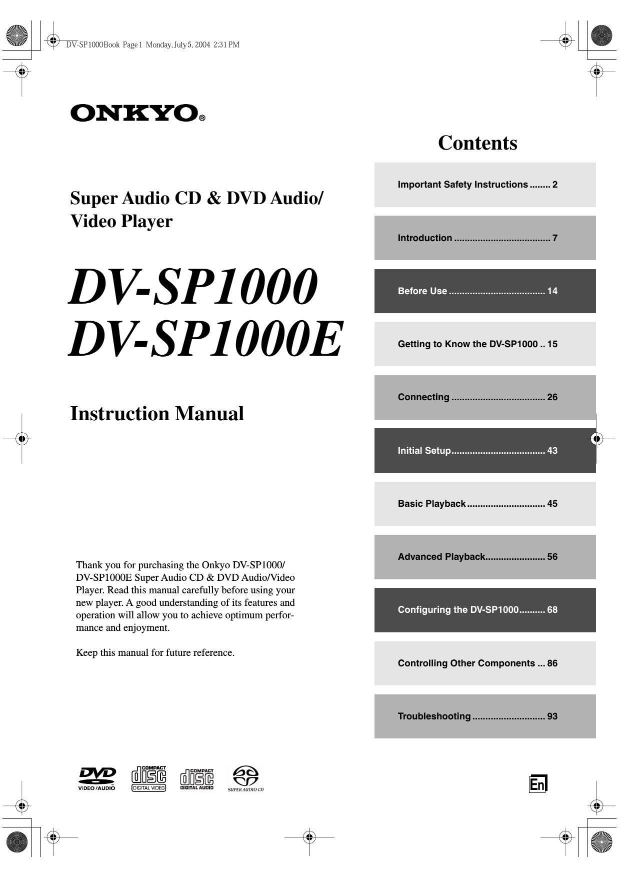 Onkyo DVSP 1000 Owners Manual