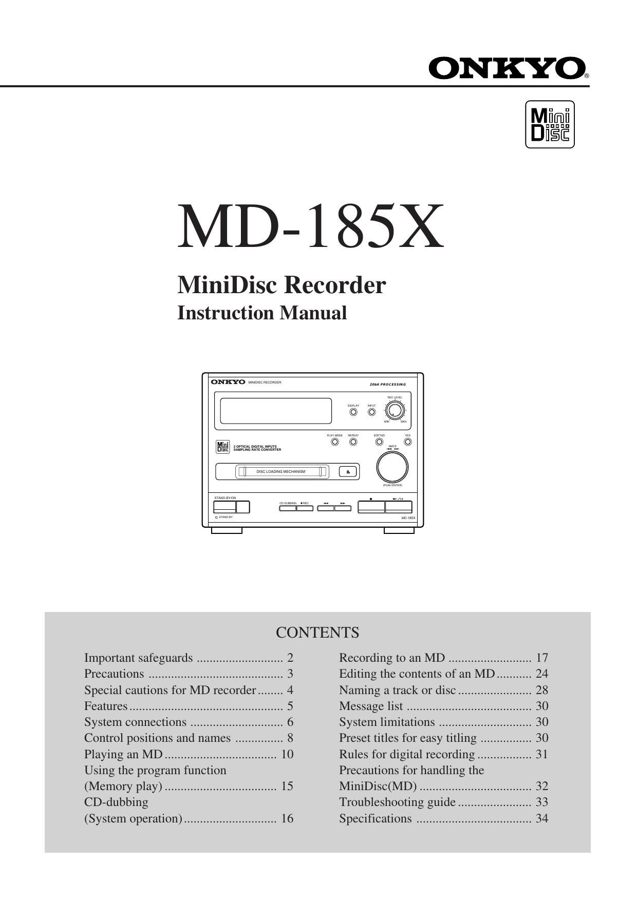 Onkyo MD 185 X Owners Manual