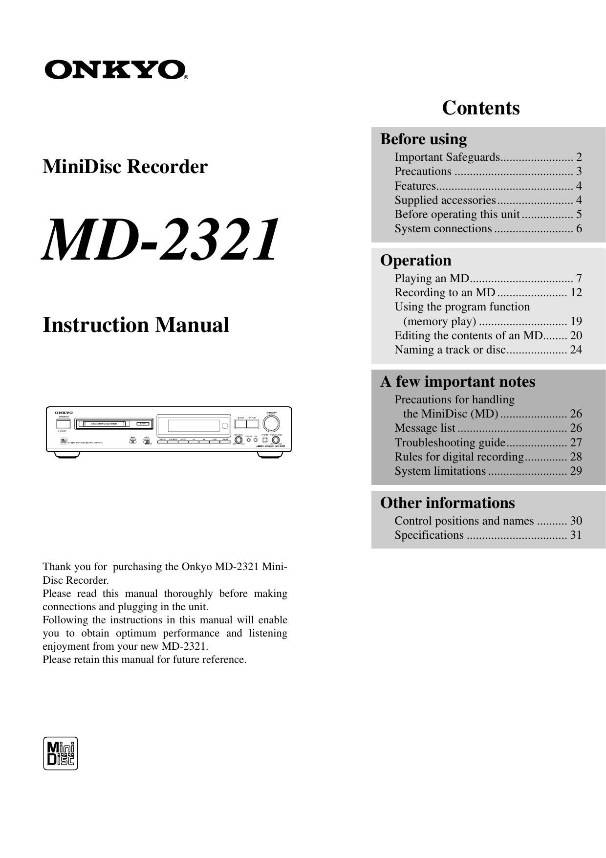 Onkyo MD 2321 Owners Manual