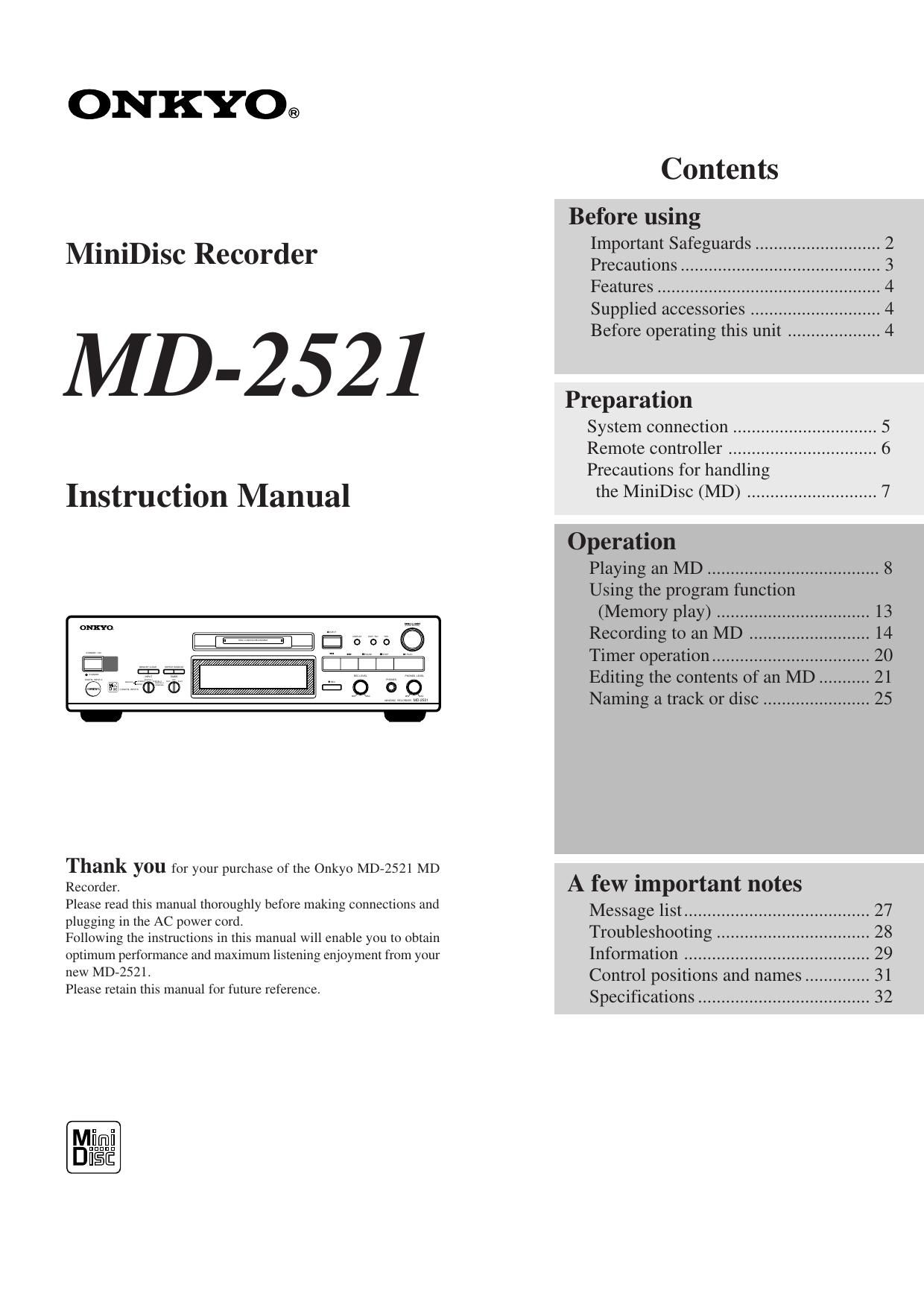 Onkyo MD 2521 Owners Manual