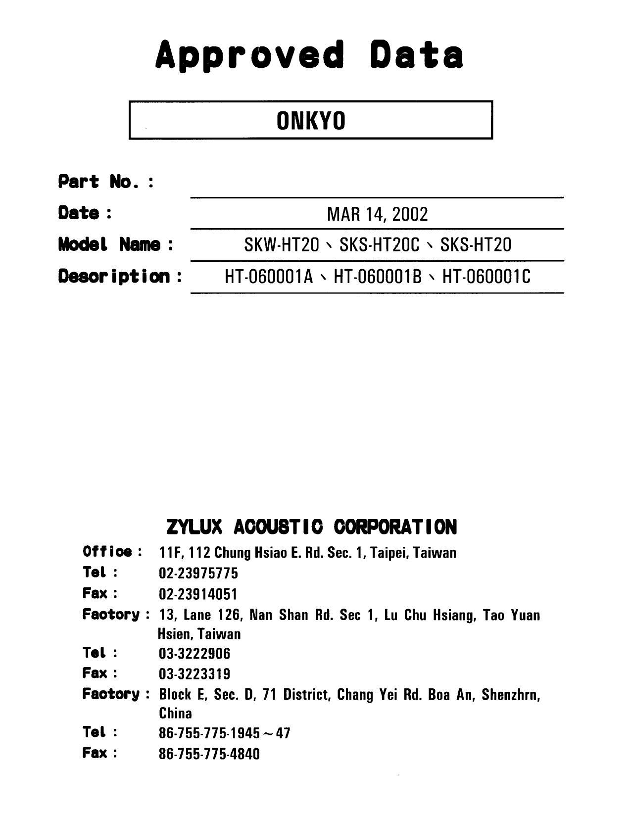 Onkyo SKWHT 20 Service Manual