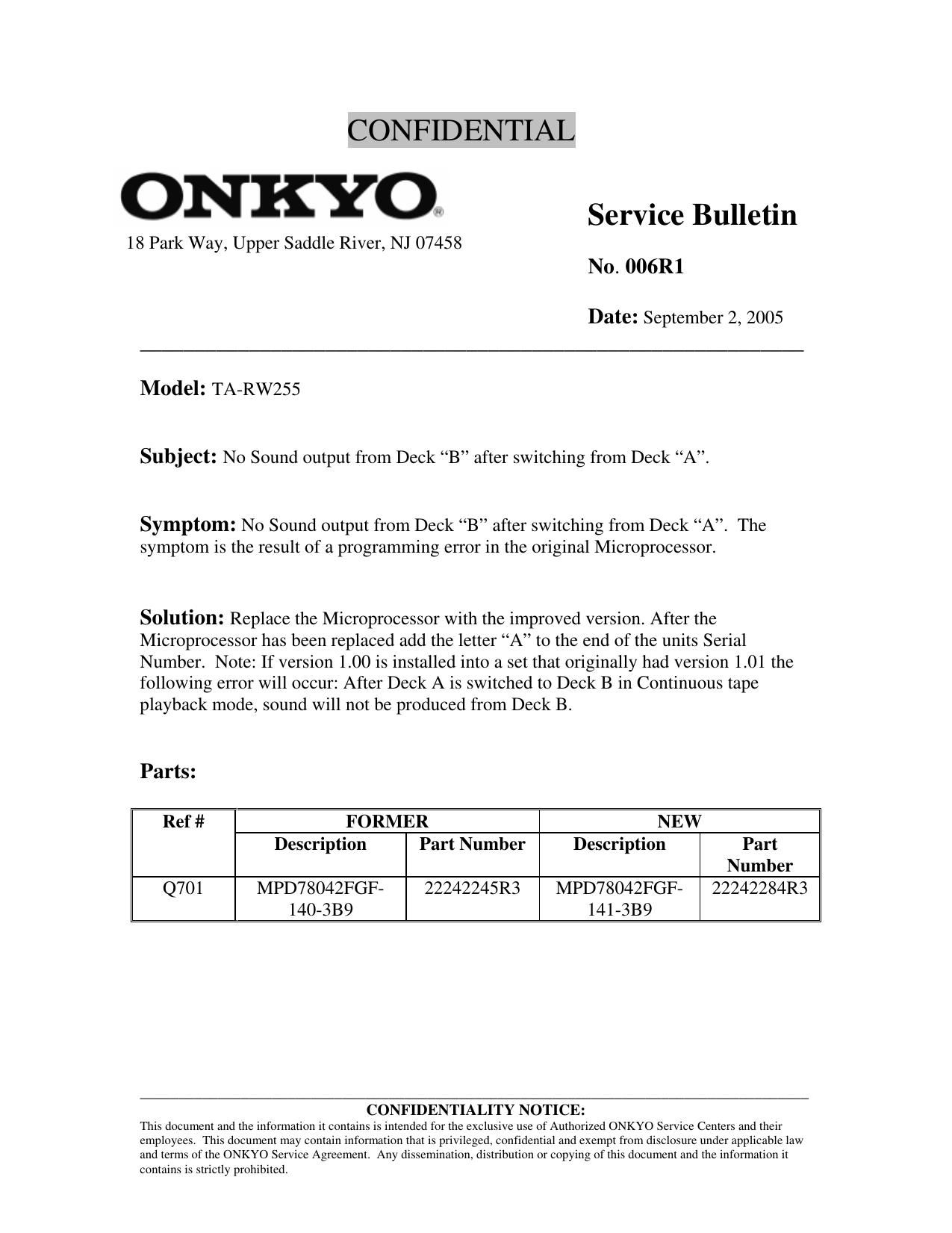 Onkyo TARW 255 Service Bulletin