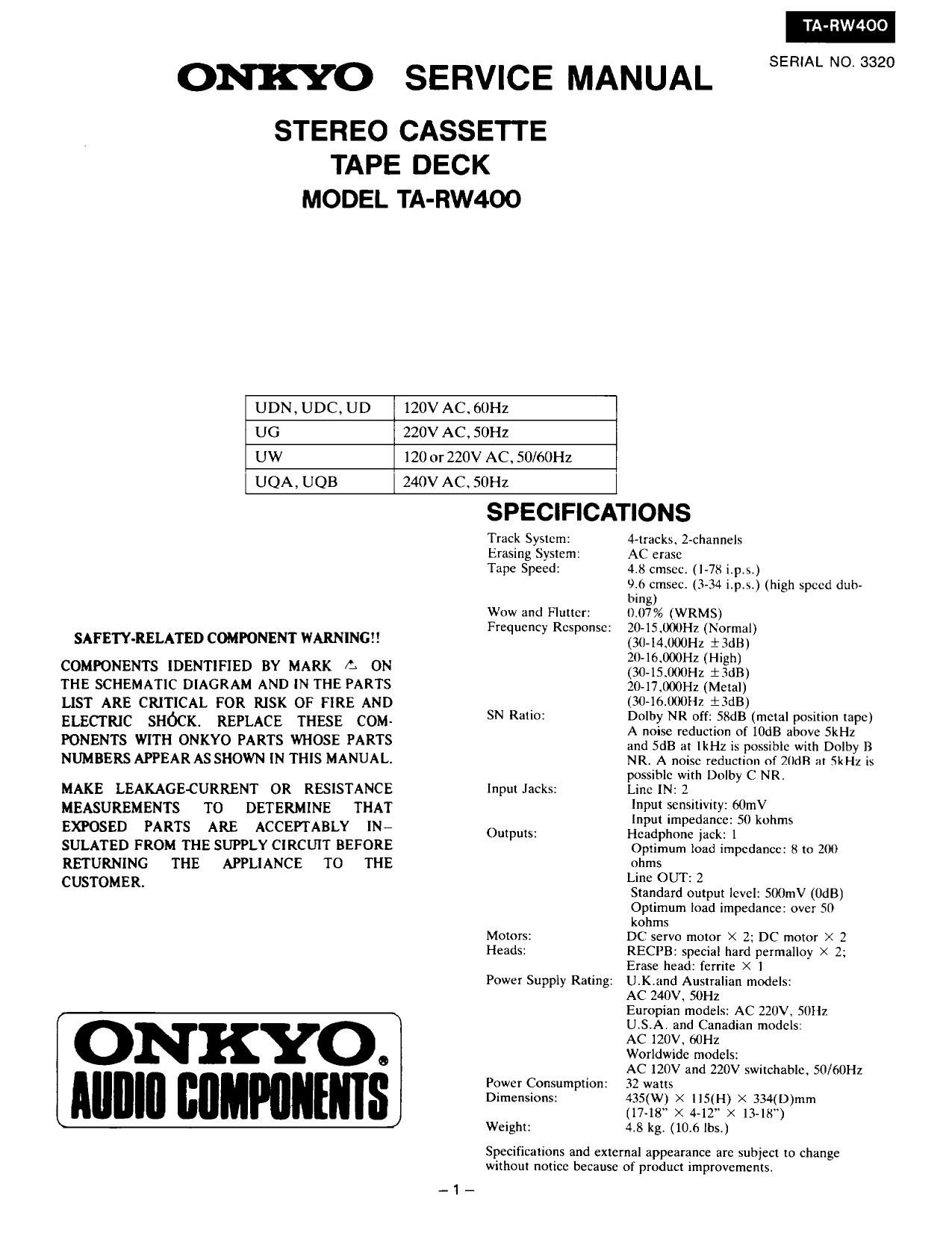 Onkyo TARW 400 Service Manual