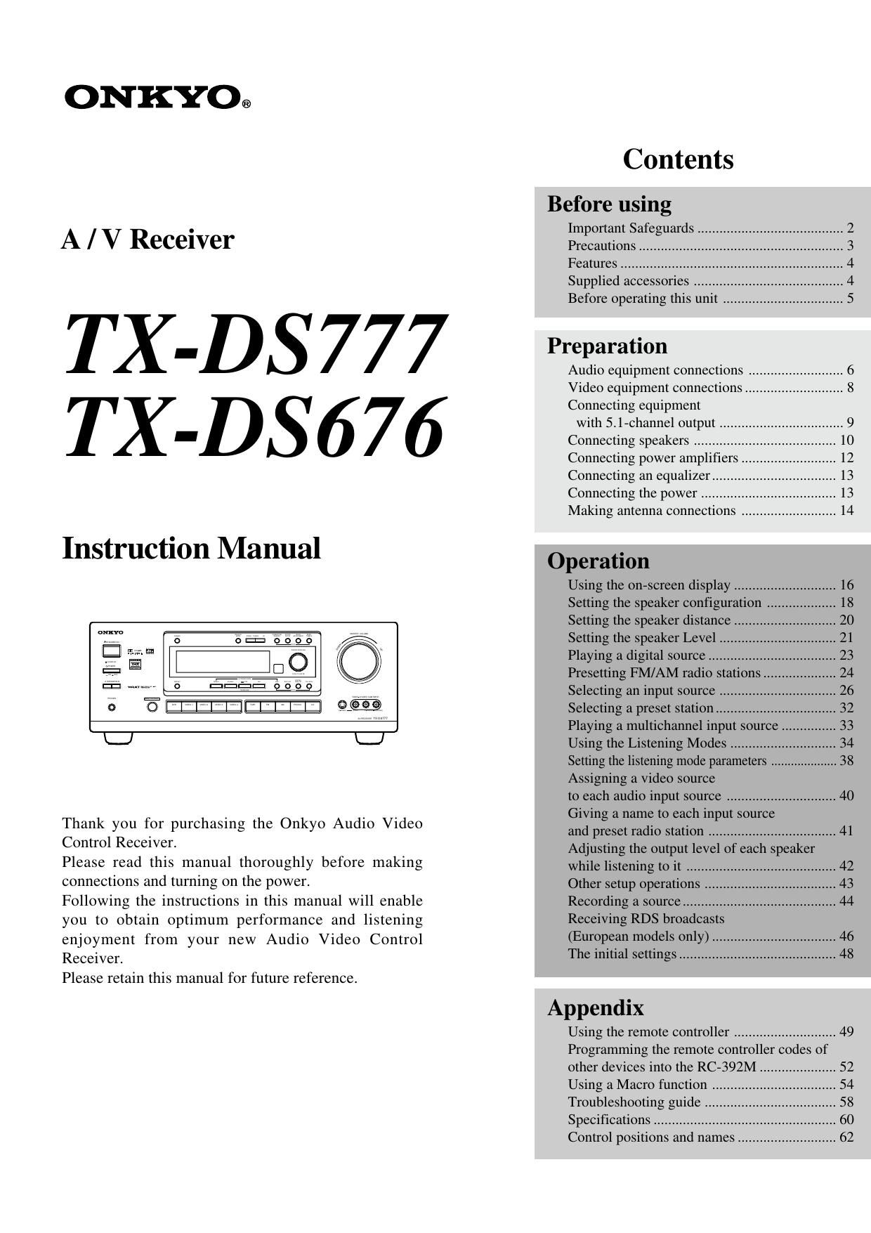 Onkyo TXDS 676 Owners Manual