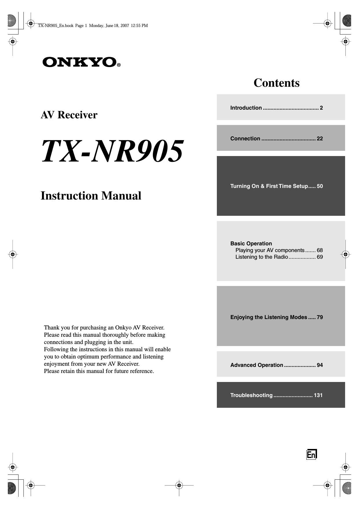 Onkyo TXNR 905 Owners Manual