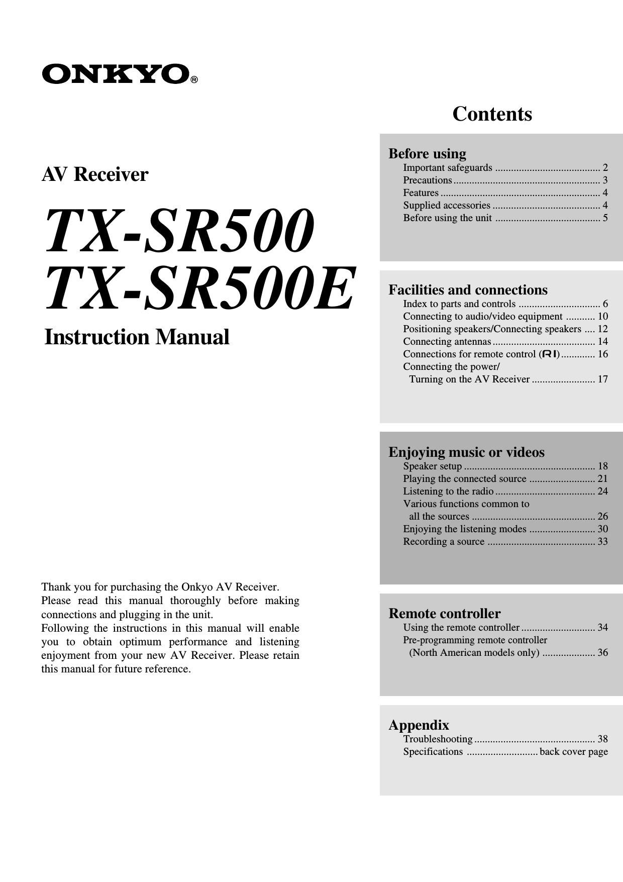 Onkyo TXSR 500 Owners Manual