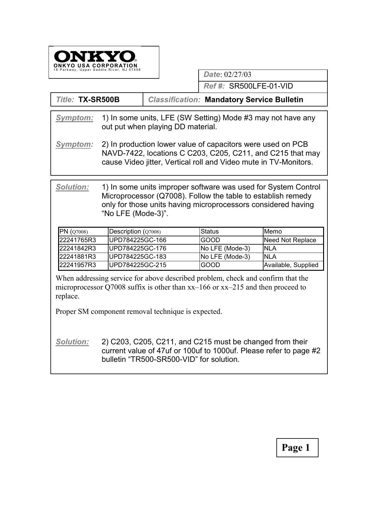 Onkyo TXSR 500 Service Bulletin 2