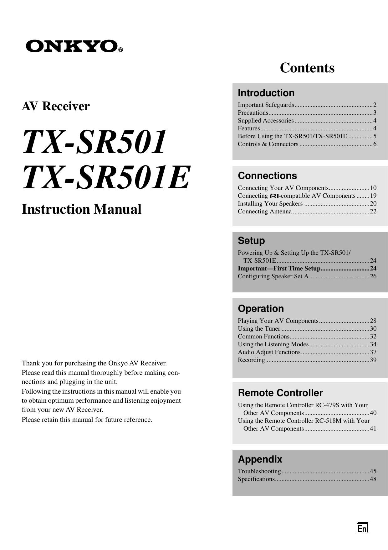Onkyo TXSR 501 Owners Manual